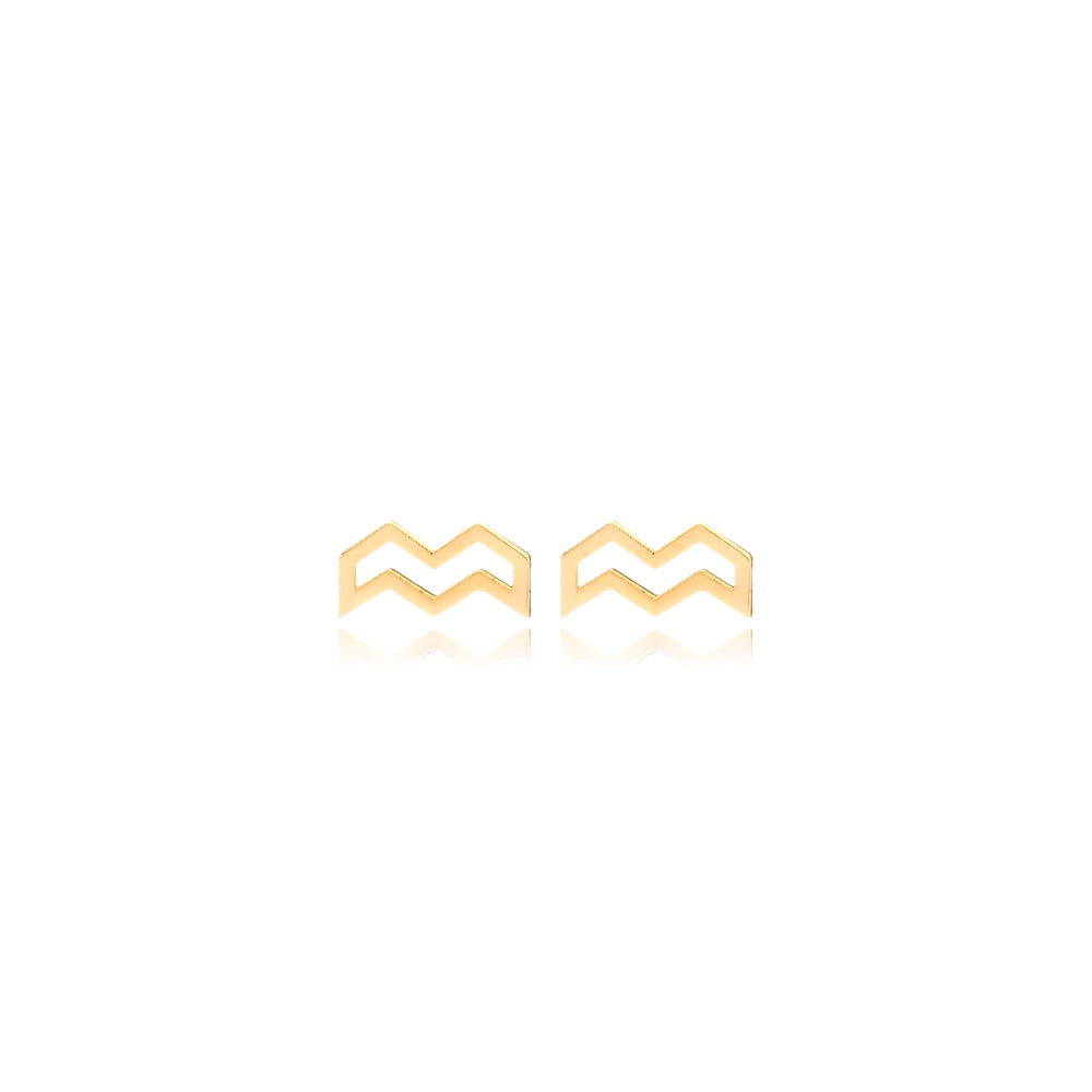 Gold minimalist Aquarius earrings showcased on a white background.