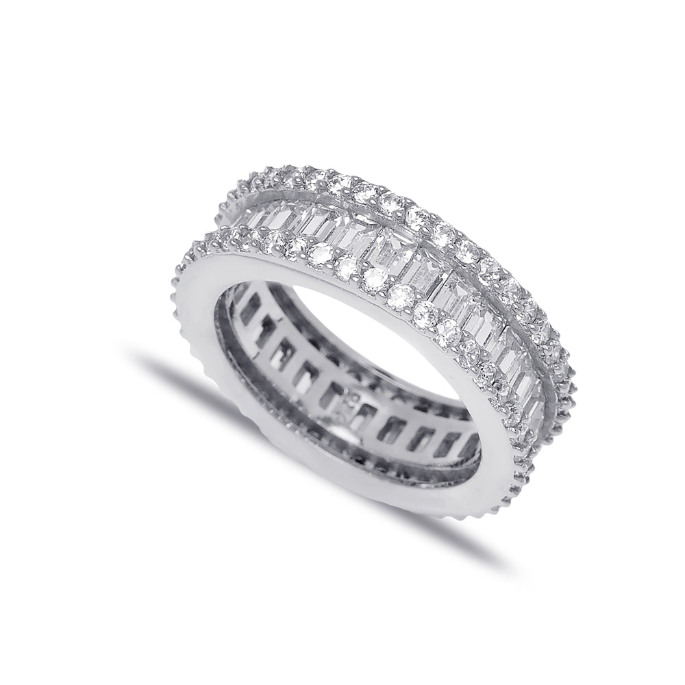 Sparkling diamond baguette band ring from Twin Jewellery, featuring an intricate design with rows of dazzling baguette-cut diamonds set in a gleaming silver-toned metal.