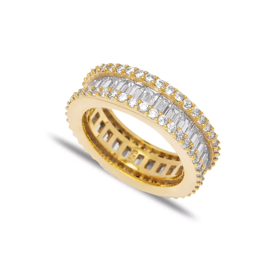 Baguette Band Ring: Elegant gold-tone ring adorned with sparkling baguette and round-cut diamonds, exuding sophistication and luxury from the Twin Jewellery collection.