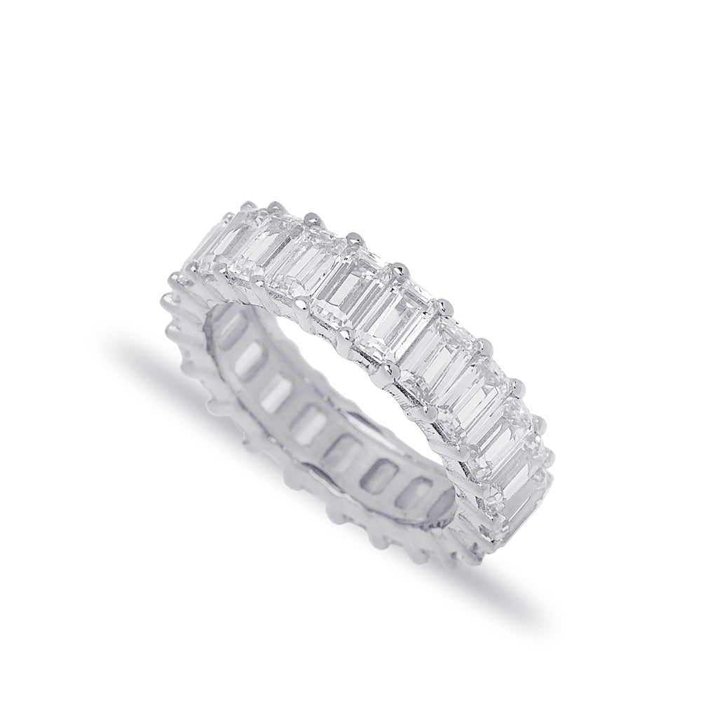 Elegant baguette cut ring with shimmering diamond stones adorning the sterling silver band, creating a sophisticated and timeless accessory for any occasion.