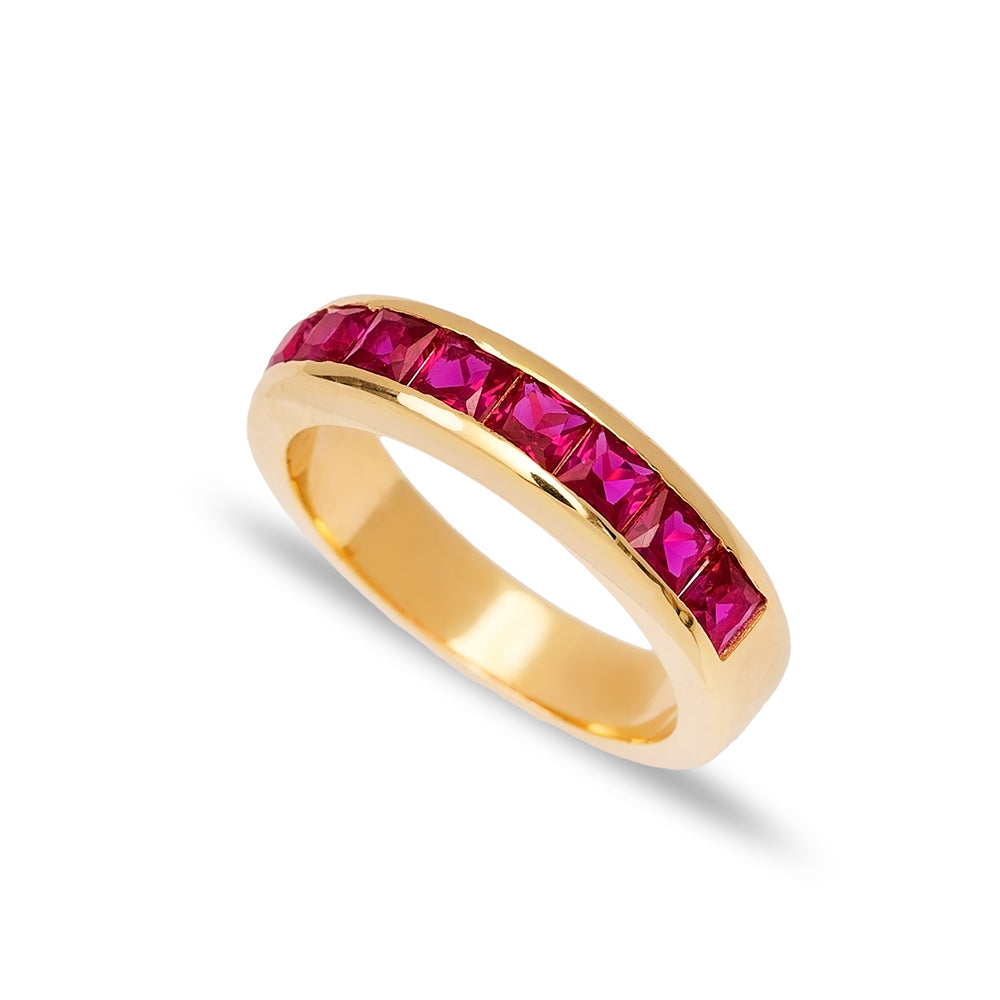 Elegant Gold-toned Band Ring with Ruby-colored Gemstones