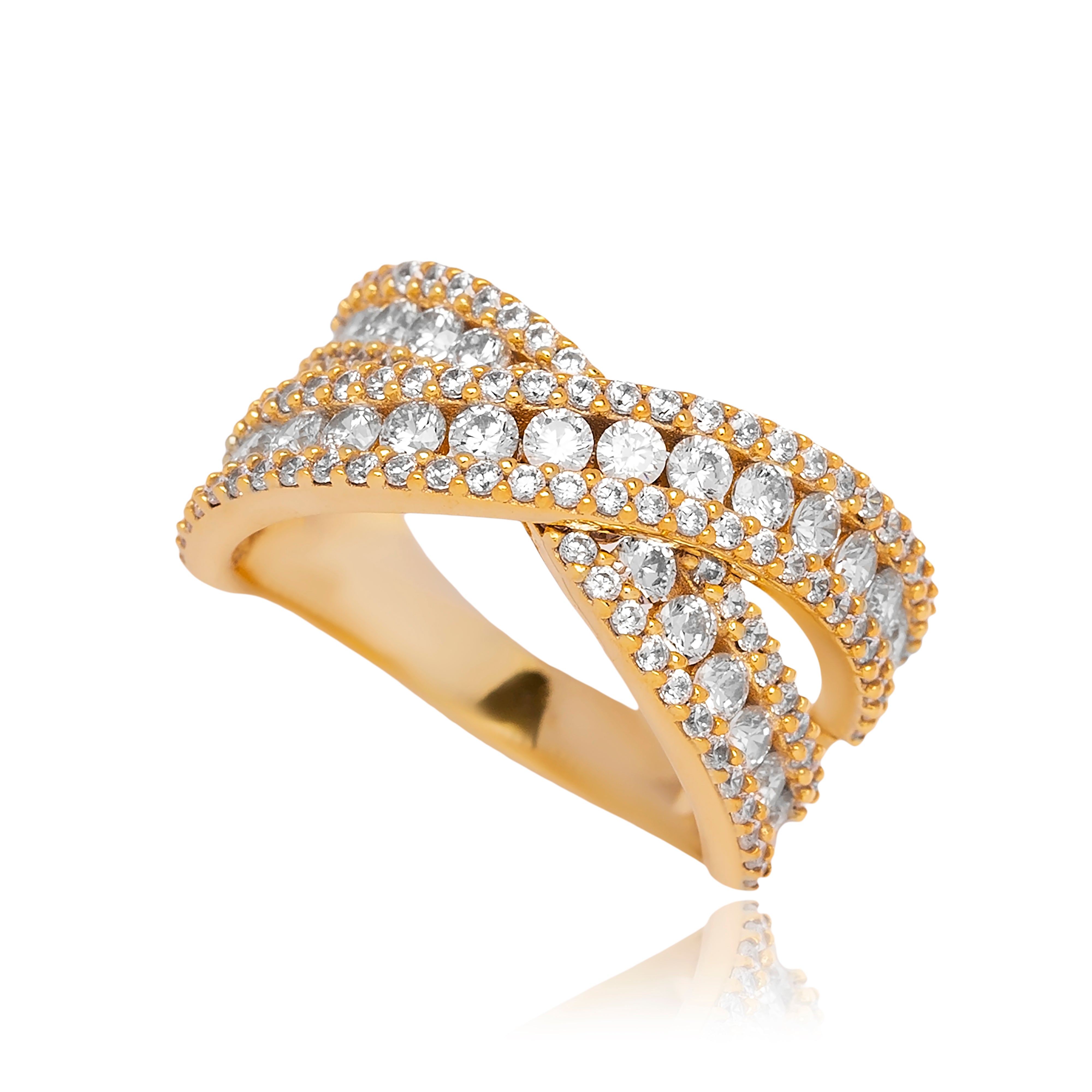 Elegant gold-tone ring adorned with sparkling cluster of cubic zirconia stones, perfect for evening events and black-tie occasions.