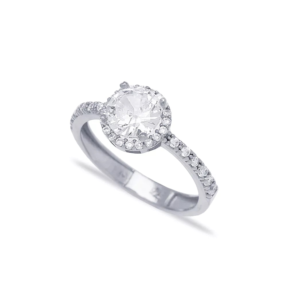 Sparkling platinum ring with a large center diamond surrounded by a halo of smaller diamonds, perfect for engagement or formal events.