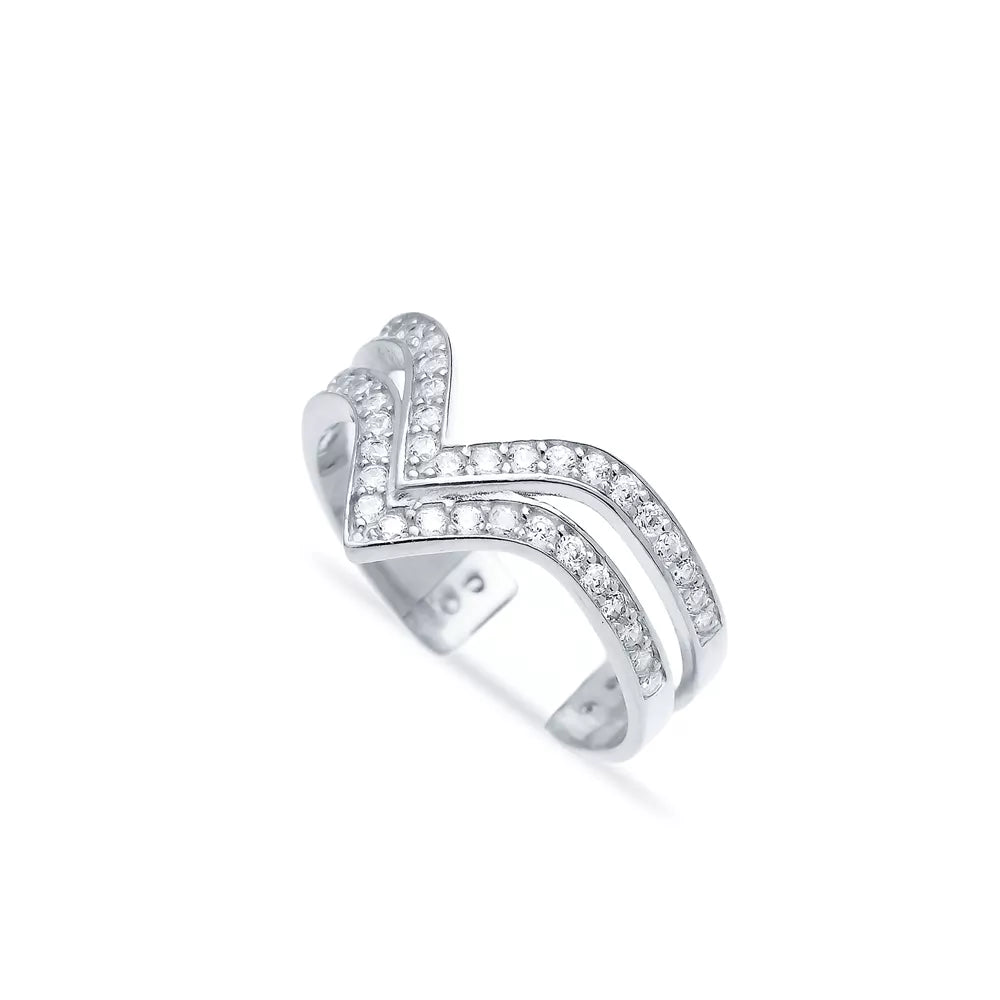 Elegant Silver-Toned Twin Bar Ring with Sparkling Stones, Adjustable Size from Twin Jewellery's Memoriable Collection.