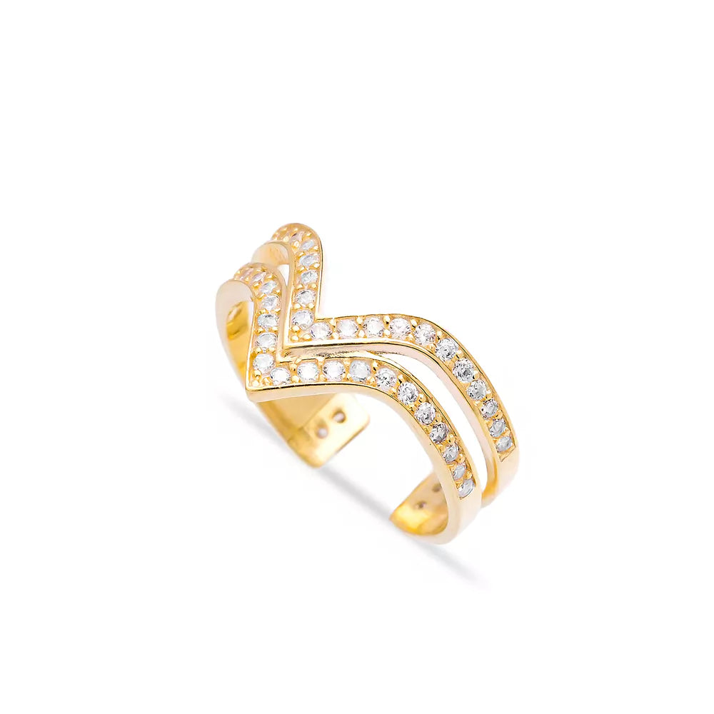 Sparkling gold-plated ring with intricate diamond-encrusted zigzag design, a unique and eye-catching accessory from Twin Jewellery's collection.